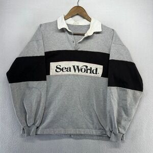 Vintage Sea World Rugby Shirt Men's Large Gray Black Colorblock Spellout 80s 90s